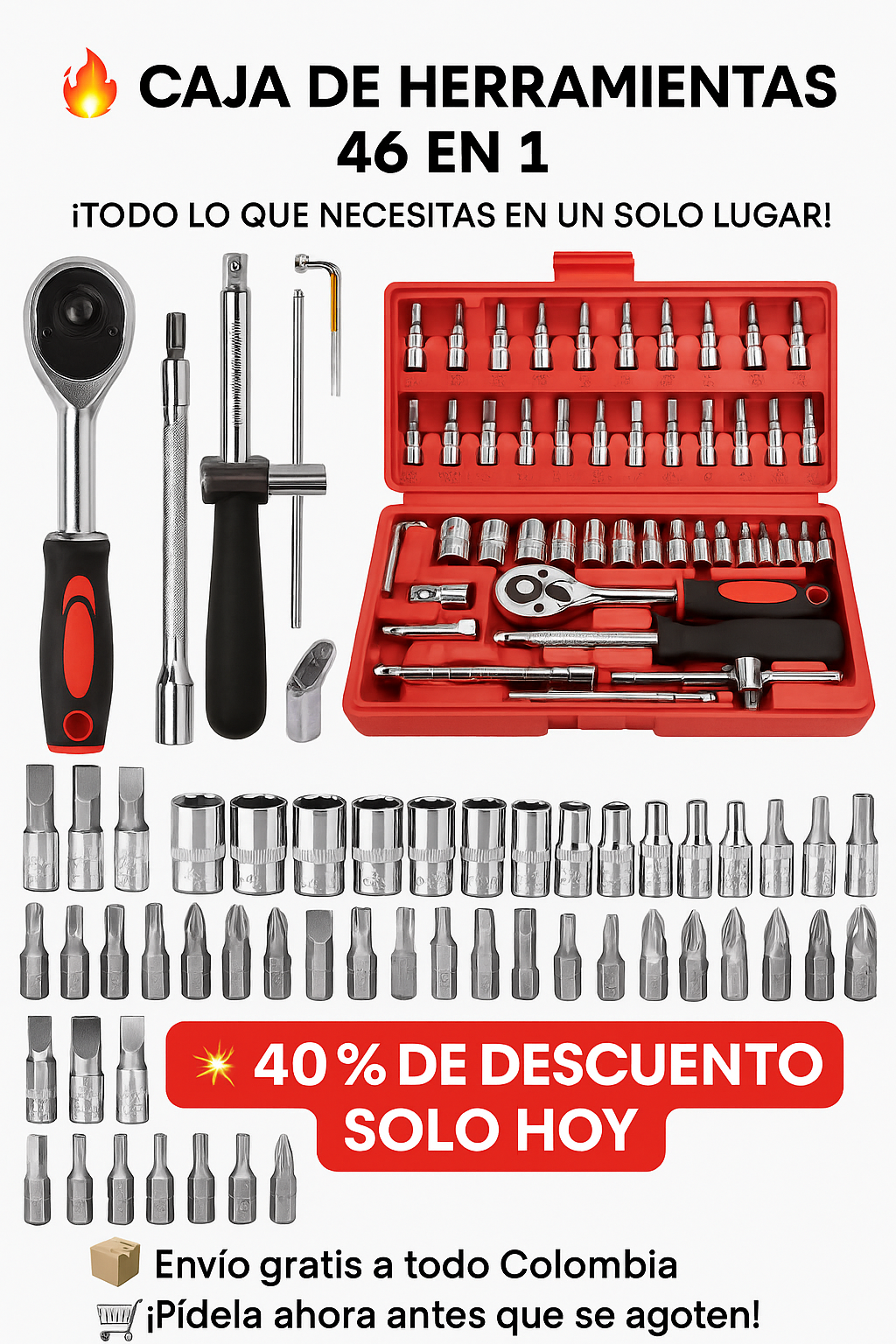 CAJA DE HERRAMIENTAS 46 PZS + ENVÍO GRATIS Y 40% DE DESCUENTO SÓLO HOY